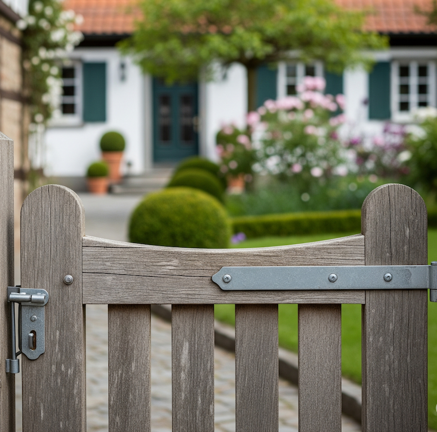 Hoftor aus Holz mit Scharnier aus Stahl