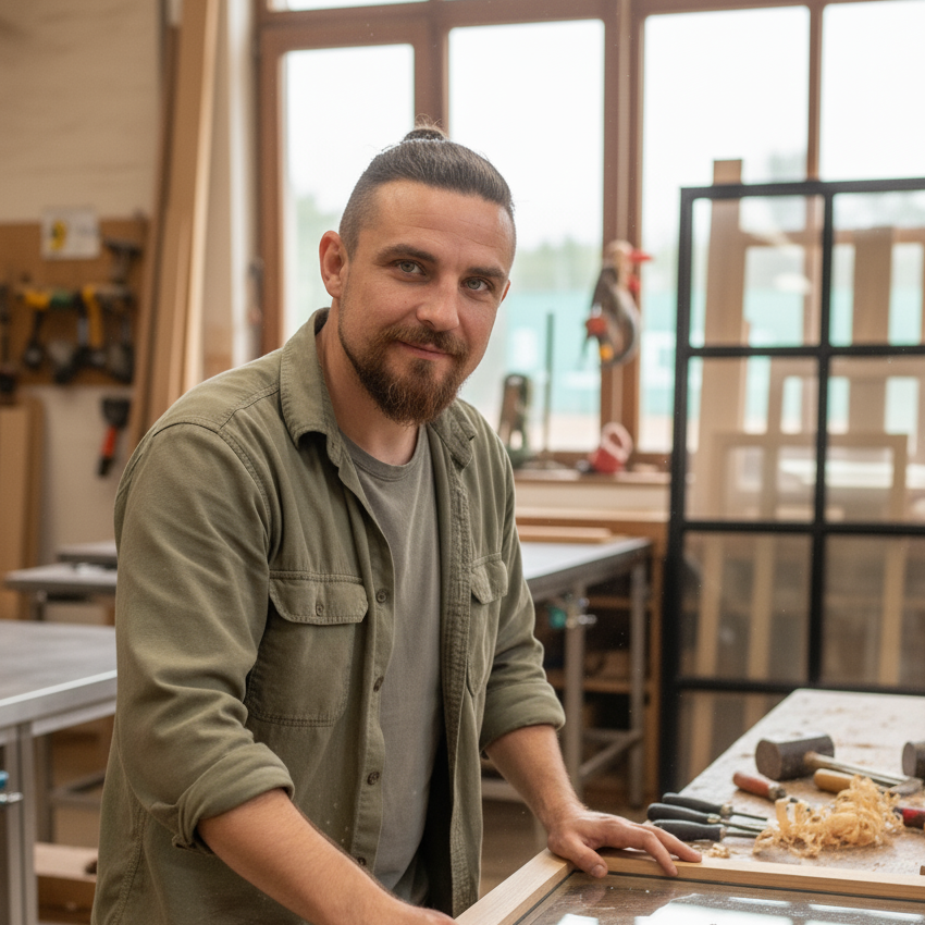 Marcel Blocinski, erfahrener Fensterbauer, arbeitet in seiner Werkstatt an einem Holzrahmen mit professionellem Werkzeug.